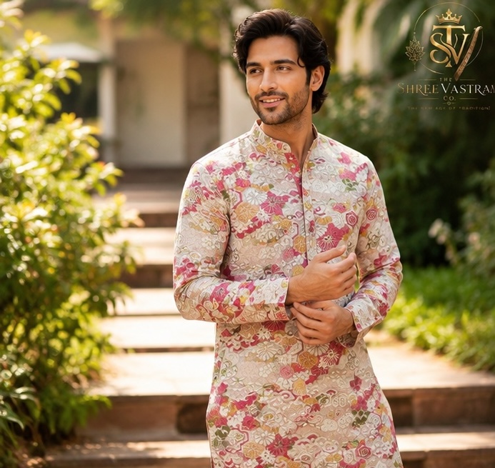 ShreeVastram Crimson Heritage Floral Brocade Kurta Set